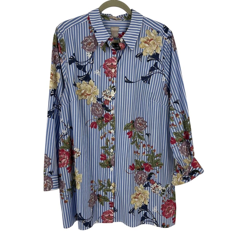 Chico No Iron Blue‎ Floral Long Sleeve Cotton Button Up Collared Tunic XL Size 3